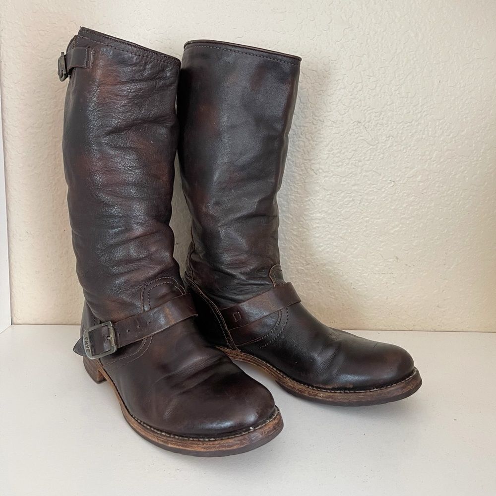 Frye Vintage Veronica tall buckle Slouchy Moto Boots in chocolate brown. 11 - Picture 3 of 15